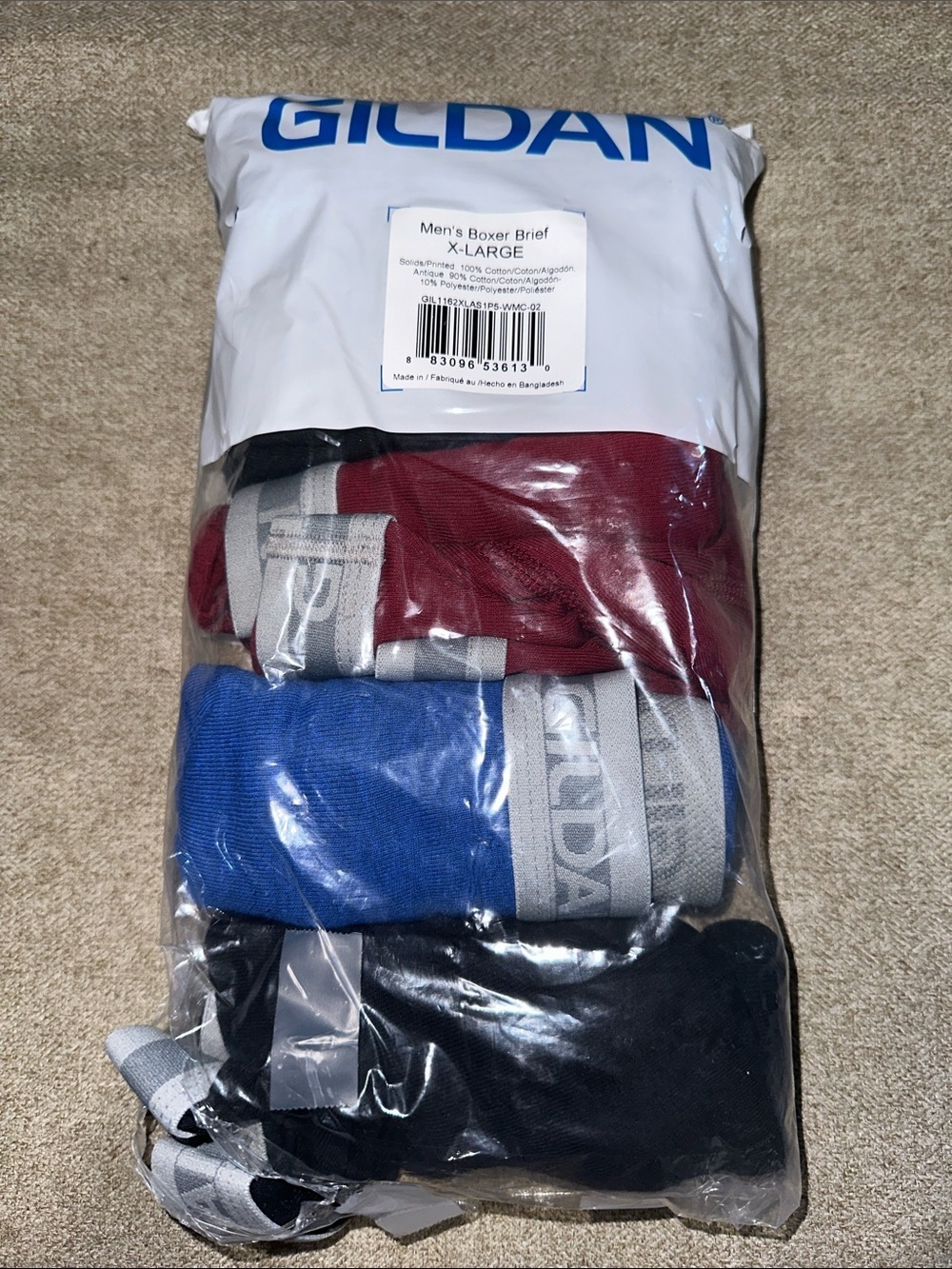 Gildan Men's Boxer Briefs Trio - Blue, Black, Burgundy